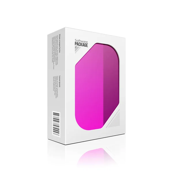 Caja del paquete del producto del software moderno con la ventana púrpura violeta rosada de Magenta para el DVD o el disco del CD. Ilustración 3D burlona sobre fondo blanco aislado. Listo para tu diseño. Embalaje. Vector EPS10 — Archivo Imágenes Vectoriales