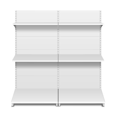 Boş boş vitrin ekran perakende raflarında. 3D. ön görünümü. Yukarı, şablon alay. İllüstrasyon izole beyaz arka plan üzerinde. Tasarımınız için hazır. Ürün reklam. Vektör Eps10