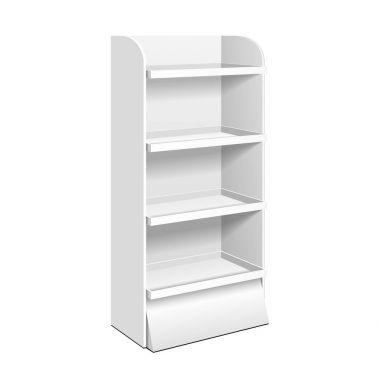 Mukavva Perakende Rafları Raflar Süpermarket Boşluğu için Rafları Göster Model Yukarı. Beyaz arka planda 3D izole edildi. Tasarımına hazırım. Ürün Reklamcılığı. Vektör EPS10