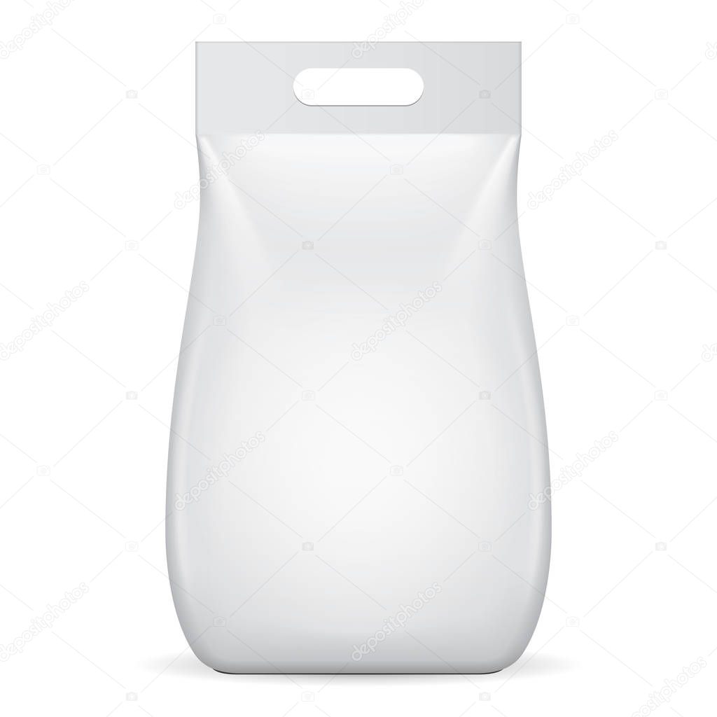 Blank Stand Up Pouch Snack Sachet Bag With Handle. Mock Up, Template. Illustration Isolated On White Background. Ready For Your Design. Product Packaging. Vector EPS10