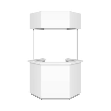 Altıgen, gölgelik, afiş ile altıgen Pos POI boş boş perakende Stand durak Bar ekran. Beyaz arka plan üzerinde izole. Şablon hazır tasarımınız için alay. Ürün reklam vektör Eps10