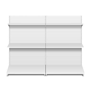 Boş boş vitrin ekran perakende raflarında. 3D. ön görünümü. Yukarı, şablon alay. İllüstrasyon izole beyaz arka plan üzerinde. Tasarımınız için hazır. Ürün reklam. Vektör Eps10