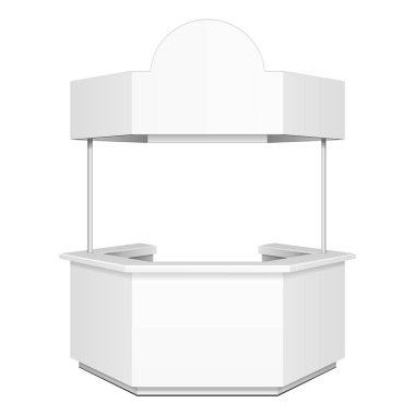 Altıgen, gölgelik, afiş ile altıgen Pos POI boş boş perakende Stand durak Bar ekran. Beyaz arka plan üzerinde izole. Şablon hazır tasarımınız için alay. Ürün reklam vektör Eps10
