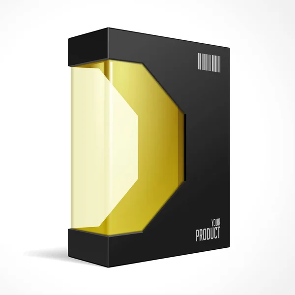 Boîte de paquet de produit de logiciel moderne noir avec la fenêtre orange jaune d'or pour le disque de DVD ou de CD. Illustration 3D Mockup sur fond blanc isolé. Prêt pour votre design. Emballage. Vecteur EPS10 — Image vectorielle
