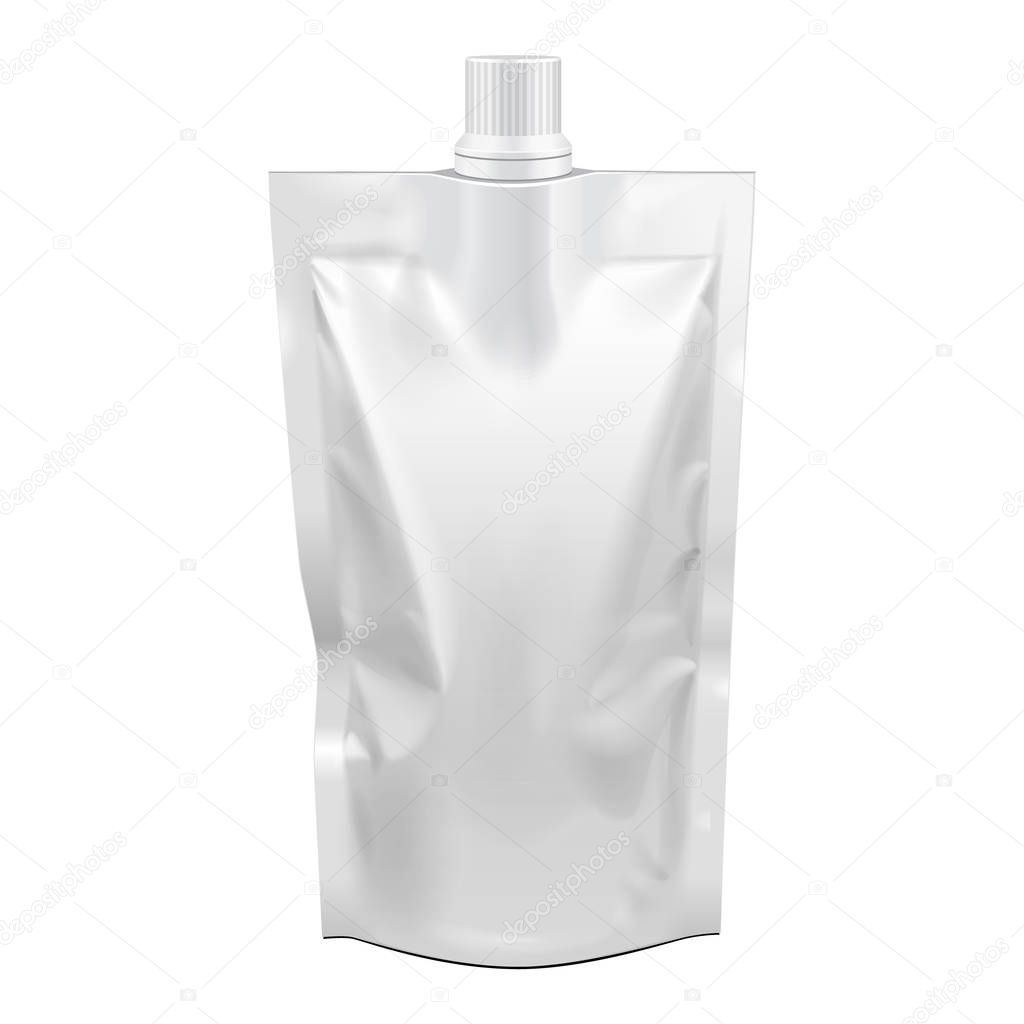 Blank Food Stand Up Flexible Pouch Sachet Bag With Spout Lid. Mock Up, Template. Illustration Isolated On White Background. Ready For Your Design. Product Packaging. Vector EPS10
