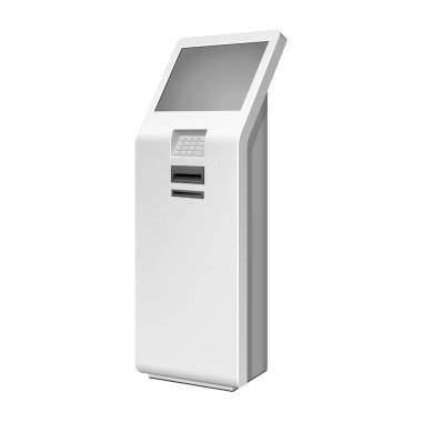 Açık beyaz. Ödeme Terminal. ATM, Pos, POI reklam Stand beyaz arka plan üzerinde. 3D mock Up, şablonu. İllüstrasyon izole beyaz arka plan üzerinde. Vektör Eps10