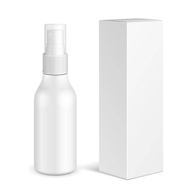 Kozmetik parfüm, Deodorant, temizleyici veya tıbbi antiseptik uyuşturucu kutusu plastik şişe sprey. Tasarımınız için hazır kadar alay et. İllüstrasyon izole beyaz arka plan üzerinde. Vektör Eps10
