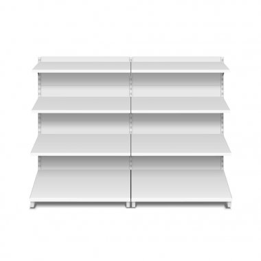 Boş boş vitrin ekran perakende raflarında. 3D. ön görünümü. Yukarı, şablon alay. İllüstrasyon izole beyaz arka plan üzerinde. Tasarımınız için hazır. Ürün reklam. Vektör Eps10