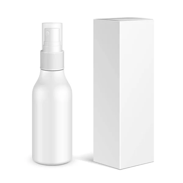 Spray cosmetische parfum, Deodorant, luchtverfrisser of antiseptische medicijnen Plastic fles met doos. Mock Up klaar voor uw ontwerp. Illustratie geïsoleerd op een witte achtergrond. Vector Eps10 — Stockvector