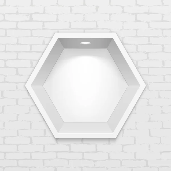 Empty Hexagonal Niche Shelf Display In The Brick Wall. To Present Your Product. Mock Up. 3D Illustration. Ready For Your Design. Advertising. Vector EPS10 — Stock Vector