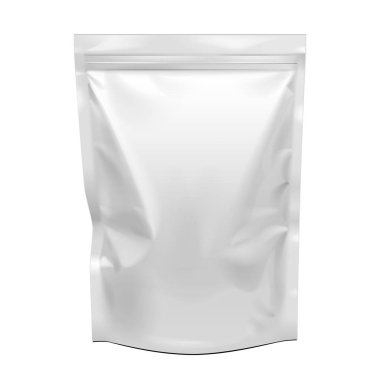 Esnek kese Snack poşet çanta boş gıda ayağa. Yukarı, şablon alay. İllüstrasyon izole beyaz arka plan üzerinde. Tasarımınız için hazır. Ürün paketleme. Vektör Eps10