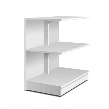 Süpermarket için zemin ekran raf. Raflar ile boş boş görüntüler kadar alay et. İllüstrasyon izole beyaz arka plan üzerinde. Tasarımınız için hazır. Ürün reklam. Vektör Eps10