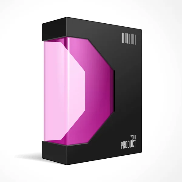 Caja de paquete de productos de software moderno negro con violeta, rosa, púrpura — Vector de stock