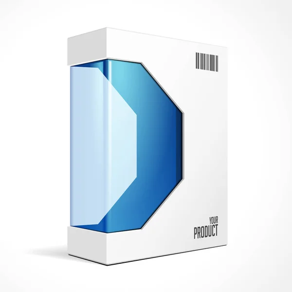 Boîte de paquet de produit de logiciel moderne avec la fenêtre bleue pour le disque de DVD ou de CD. Illustration 3D Mockup sur fond blanc isolé. Prêt pour votre design. Emballage. Vecteur EPS10 — Image vectorielle