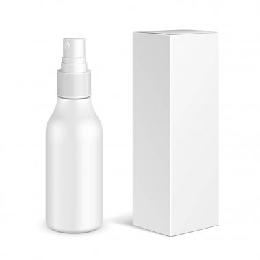 Kozmetik parfüm, Deodorant, temizleyici veya tıbbi antiseptik uyuşturucu kutusu plastik şişe sprey. İllüstrasyon izole beyaz arka plan üzerinde. Tasarımınız için hazır. Ürün Ambalaj. Vektör Eps10eps10