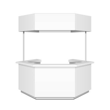 Altıgen, gölgelik, afiş ile altıgen Pos POI boş boş perakende Stand durak Bar ekran. Beyaz arka plan üzerinde izole. Şablon hazır tasarımınız için alay. Ürün reklam vektör Eps10