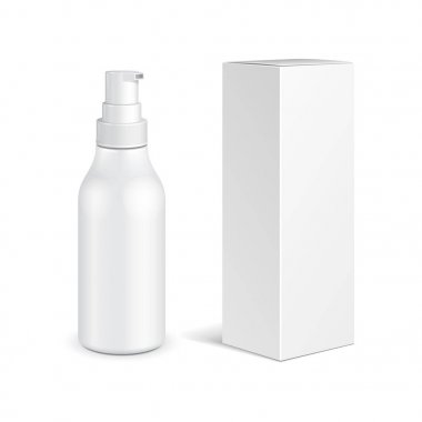 Kozmetik, hijyen, jel, sıvı sabun, losyon, krem, tıbbi gri tonlamalı plastik şişe şampuan kutusuyla. Tasarımınız için hazır kadar alay et. İllüstrasyon izole beyaz arka plan üzerinde. Vektör Eps10