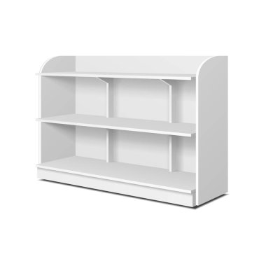 Perakende raflar, raf ticareti ile boş boş vitrin görüntüler. Yukarı, şablon alay. İllüstrasyon izole beyaz arka plan üzerinde. Tasarımınız için hazır. Ürün reklam. Vektör Eps10.