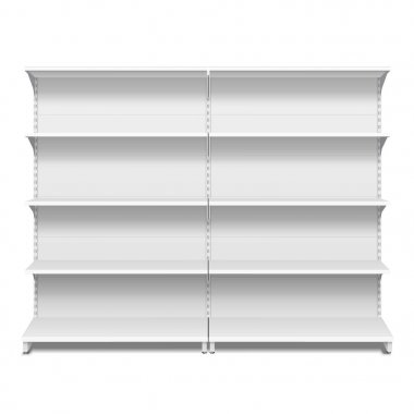 Boş boş vitrin ekran perakende raflarında. 3D. ön görünümü. Yukarı, şablon alay. İllüstrasyon izole beyaz arka plan üzerinde. Tasarımınız için hazır. Ürün reklam. Vektör Eps10