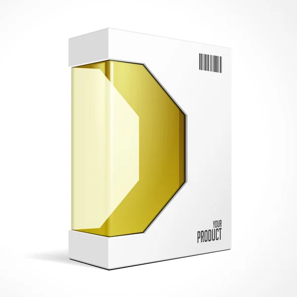 Caja del paquete del producto del software moderno con la ventana dorada naranja amarilla para el DVD o el disco del CD. Ilustración 3D burlona sobre fondo blanco aislado. Listo para tu diseño. Embalaje. Vector EPS10 — Archivo Imágenes Vectoriales