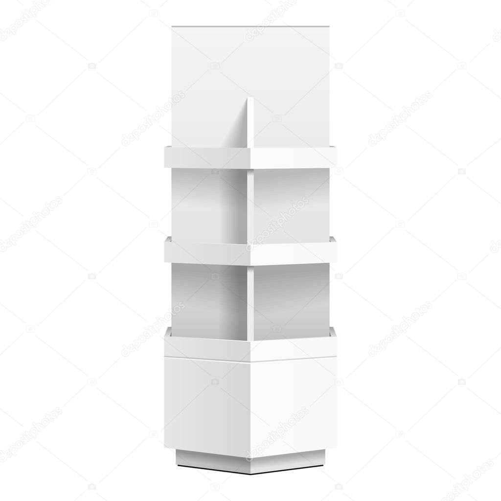 Hexagon, Hexagonal POS POI Cardboard Floor Display Rack For Supermarket Blank Empty. Mock Up. Illustration Isolated On White Background. Ready For Your Design. Product Advertising. Vector EPS10