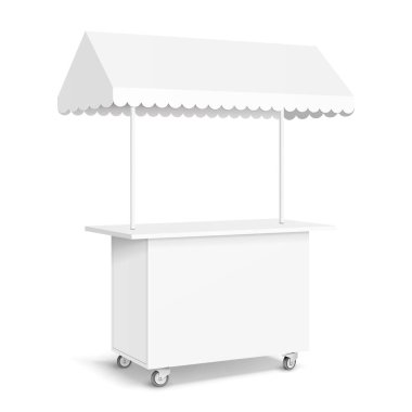 Çatı, gölgelik, afiş beyaz Pos POI boş boş perakende Stand durak Mobil Bar ekran. Fast Food. Beyaz arka plan üzerinde izole. Şablon hazır tasarımınız için alay. Ürün Ambalaj vektör Eps10