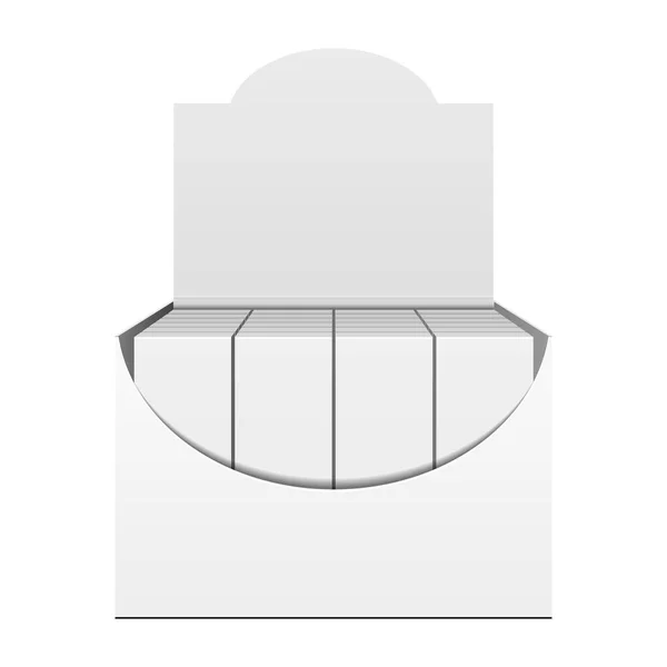 Porta display Mockup Cartone riempito in bianco con pacchetto, regalo, pacchetto quadrato. Vitamine, Cosmetico, Profumo, Cioccolato. Fai finta, Template. Prodotti su sfondo bianco isolato. Imballaggio di Mockup. — Vettoriale Stock