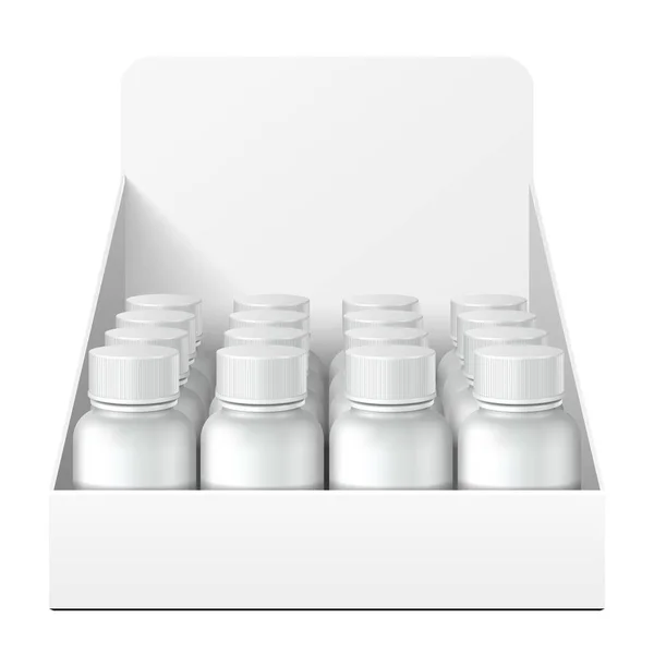 Mockup Display Holder Box Cartón relleno en blanco con botellas, latas, frascos. Vitaminas, suplementos nutricionales, cosméticos. Prepárate, Plantilla. Productos sobre fondo blanco aislado. Embalaje de burla . — Vector de stock