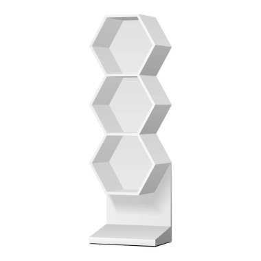 Mockup Altıgen Perakende Rafları Süpermarket Boşluğu için Görünüm Rafı Cep telefonu. Karton. Model Yukarı. Beyaz arka planda 3D izole edildi. Tasarımına hazırım. Ürün Reklamcılığı. Vektör EPS10
