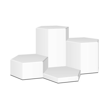 Mockup Altıgen, Altıgen Sahne Podyum Beyaz Arka Plan Izole. 3d Kaide. Vektör illüstrasyon. Tasarımınız için hazır ile alay edin. Ürün Reklam. Vektör Eps10