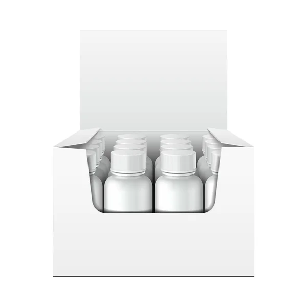 Mockup Display Holder Box Cardboard Preenchido em branco com garrafas, latas, frascos. Vitaminas, suplementos nutricionais, cosméticos. Prepara-te, Template. Produtos em fundo branco isolado. Embalagem Mockup . — Vetor de Stock