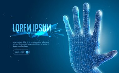Soyut 3d Poligonal Tel Çerçeve Açık El, Kol Mavi Arka Plan. Afiş, Afiş, Reklam. Güç, Güç, Koruma, Kontrol, Dokunma, Dur. Tasarımınız için hazır. Vektör Eps10