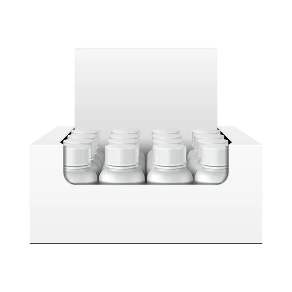 Mockup Display Holder Box Cardboard Preenchido em branco com garrafas, latas, frascos. Vitaminas, suplementos nutricionais, cosméticos. Prepara-te, Template. Produtos em fundo branco isolado. Embalagem Mockup . — Vetor de Stock