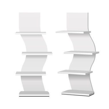 Mockup Karton Perakende Raflar Süpermarket Boş Boş için Zemin Ekran Raf. Alay Et. 3d Beyaz Arka Plan İzole. Tasarımınız için hazır. Ürün Reklam. Vektör Eps10