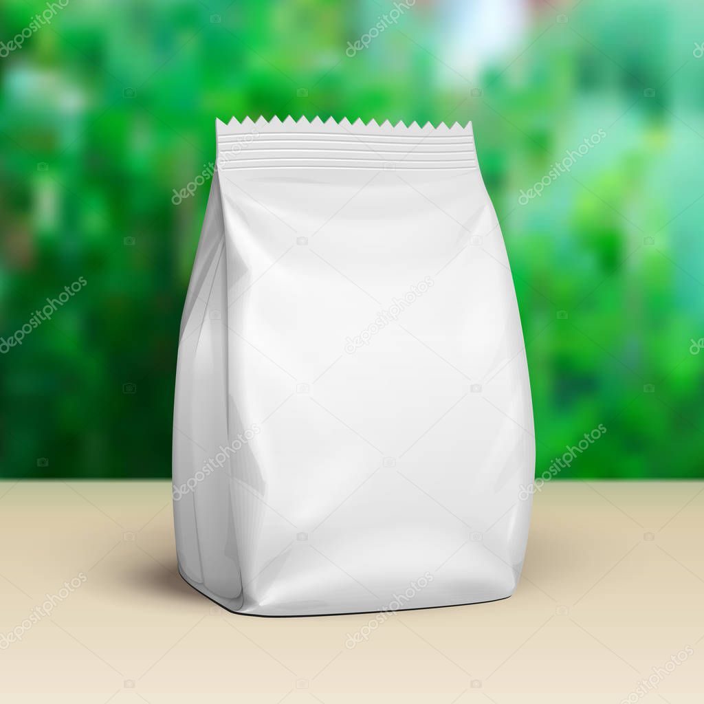 Mockup Blank Stand Up Pouch Snack Sachet Bag. Mock Up, Template. Green Summer Garden Background. Ready For Your Design. Product Packaging. Vector EPS10