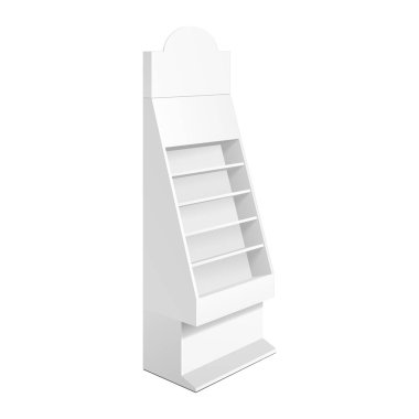 Mukavva Perakende Rafları Raflar Süpermarket Boşluğu için Rafları Göster Model Yukarı. Beyaz arka planda 3D izole edildi. Tasarımına hazırım. Ürün Reklamcılığı. Vektör EPS10