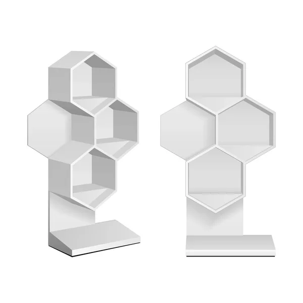 Mockup Hexagonal kiskereskedelmi polcok Padlókijelző állvány Supermarket üres. Egy sejt. Karton. Gúnyolódj! 3D fehér háttér izolált. Készen áll a tervezésre. Termékreklám. EPS10 kórokozó-átvivő — Stock Vector