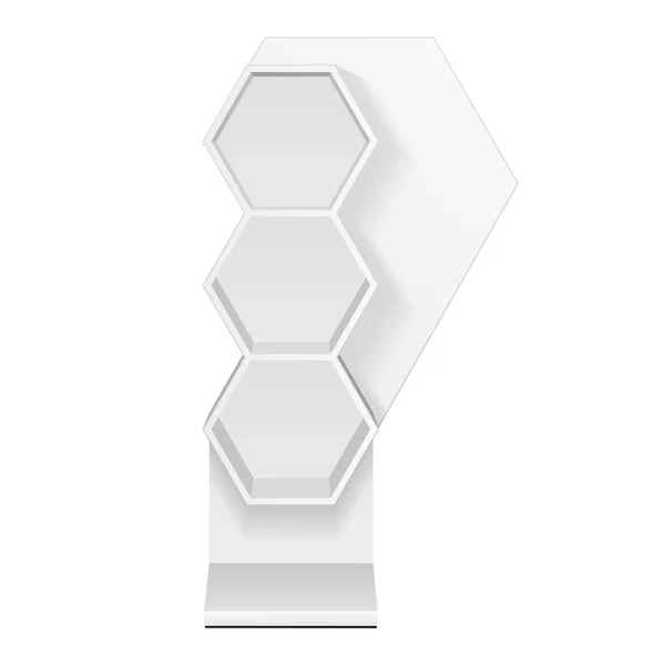 Mockup Hexagonal Retail Shelves Floor Display Rack For Supermarket Blank Empty. 감방이요. 카드 보드. 화장을 하라. 3D 백지에 고립되어 있다. 설계에 대비하라. 제품 광고. 분사기 EPS10 — 스톡 벡터