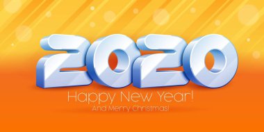 2020 Mutlu Yıllar Geçmiş, Kart, Sancak, El ilanı ya da Noel Davetiyeleriyle Evlen. Orange Blackground 'daki 3D Mavi ve Beyaz Sayılar. Tasarımına hazırım. Vektör Eps 10