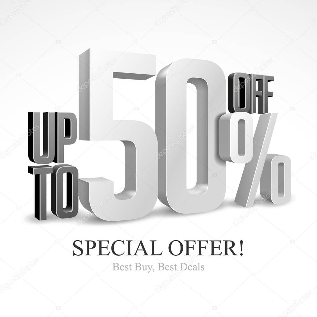 50 Off Special Offer Silver 3D Digits Banner, Template Fifty Percent. Sale, Discount. Grayscale, Metal, Gray, Glossy Numbers. Illustration Isolated On White Background. Ready For Your Design. Vector