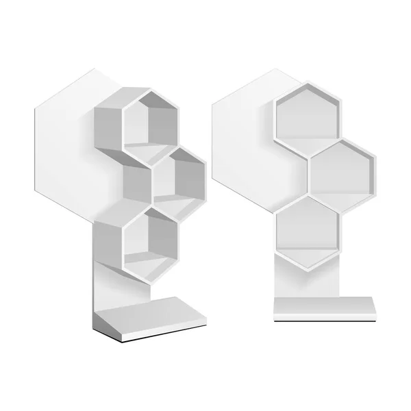 Support hexagonal de présentoir de plancher d'étagères de vente au détail de maquette pour le vide vide de supermarché. La cellule. Du carton. Maquette-toi. 3D sur fond blanc isolé. Prêt pour votre design. Publicité produit. Vecteur EPS10 — Image vectorielle