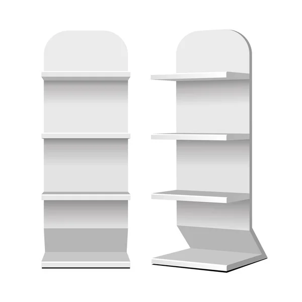 Mockup lepenka prodejní police podlahová skříň displeje pro supermarkety prázdný. To se mi Posmíváš. 3D na bílém pozadí (izolovaný) Připraveno k návrhu. Reklama na produkty. Vector Eps10 — Stockový vektor