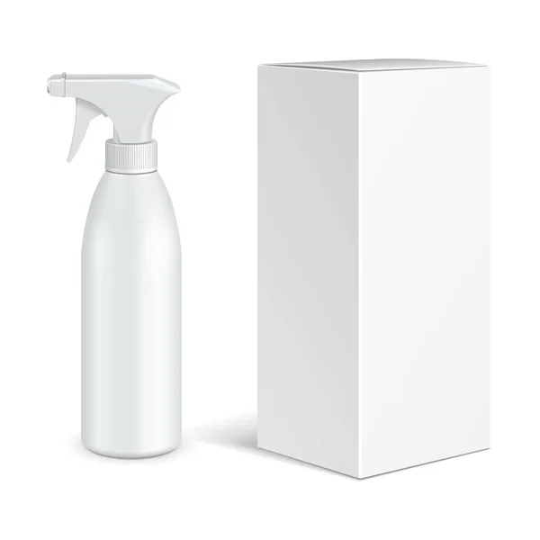 Mockup cosmetische, hygiënische, medische grijswaarden plastic fles van gel, vloeibare zeep, lotion, crème, shampoo met doos. Mock Up klaar voor uw ontwerp. Afbeelding Geïsoleerd op witte achtergrond. Vector EPS10 — Stockvector