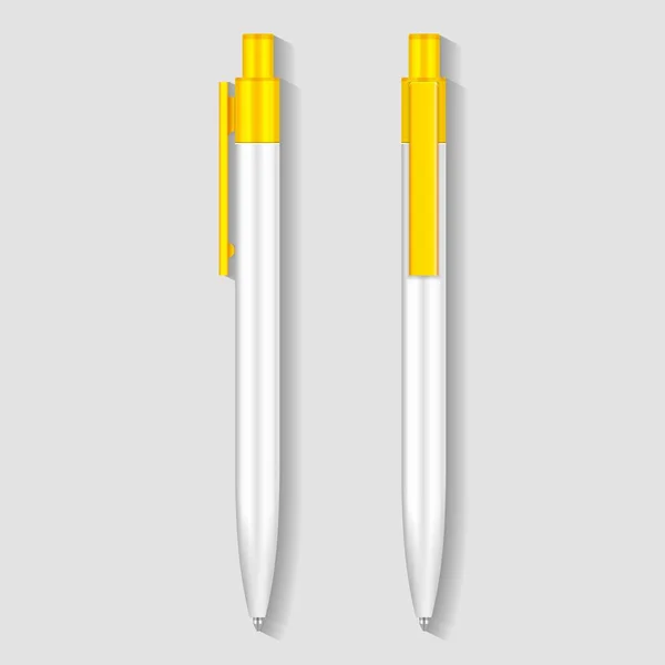 采购产品喷泉笔,黄色铅笔,一套企业身份标识和品牌文具模板.灰色背景说明。为您的设计准备模板。病媒EPS10 — 图库矢量图片