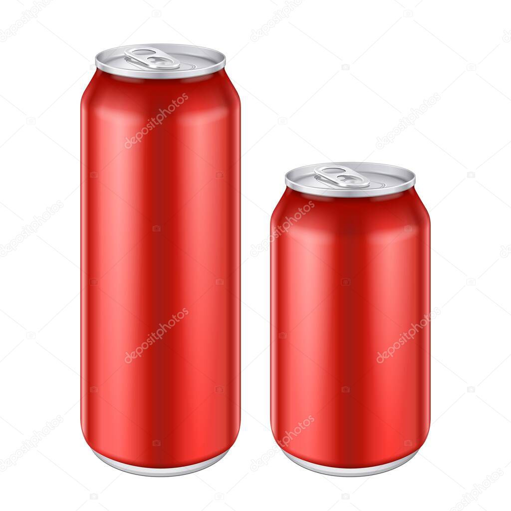 Mockup Red Metal Aluminum Beverage Drink Can 500ml, 0,5L. Beer, Soda, Lemonade, Juice, Energy. Mock Up Template Ready For Your Design. Isolated On White Background. Product Packing. Vector EPS10