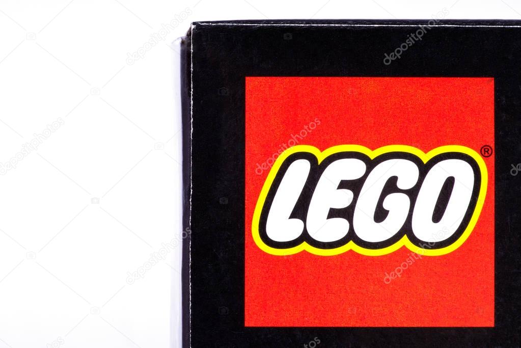 LONDON, UK - OCTOBER 21ST 2016: A close-up shot of the Lego company logo on the packaging of one of their products, on 21st October 2016.
