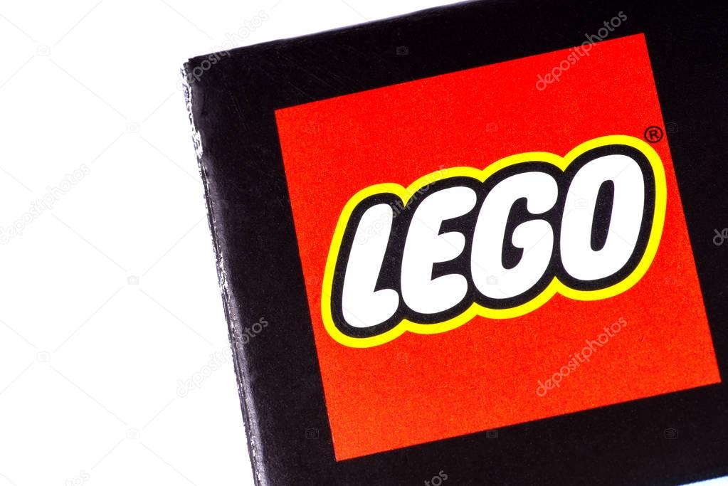 LONDON, UK - OCTOBER 21ST 2016: A close-up shot of the Lego company logo on the packaging of one of their products, on 21st October 2016.