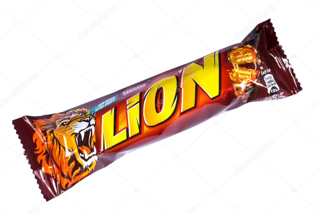 LONDON, UK - OCTOBER 13TH 2016: An unopened Lion chocolate bar manufactured by Nestle, pictured over a plain white background on 13th October 2016.