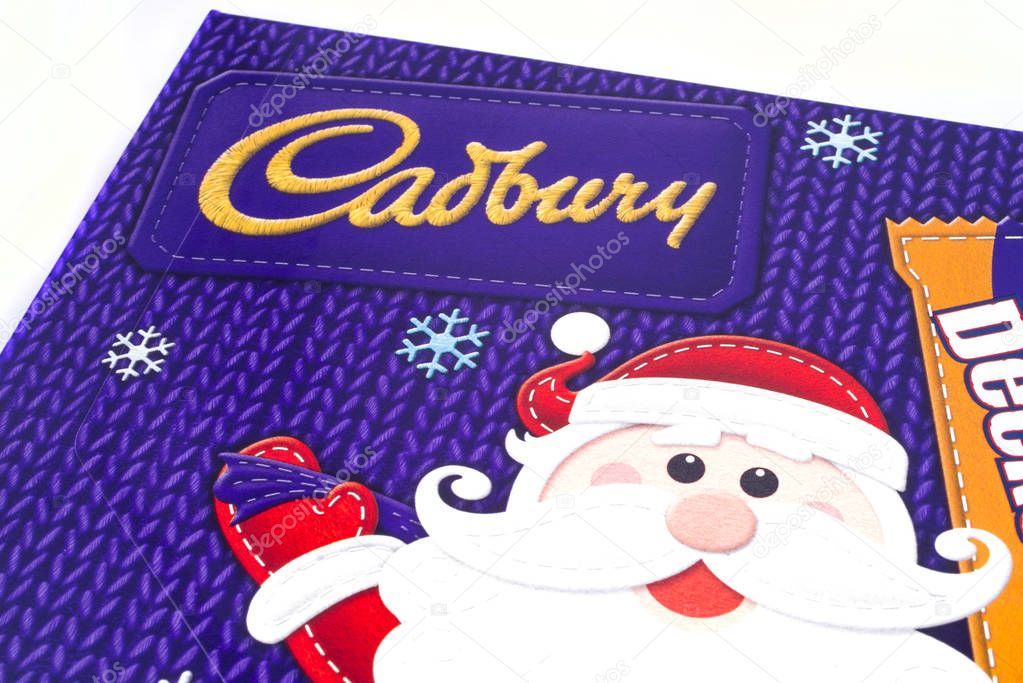 LONDON, UK - JANUARY 4TH 2017: A close-up shot of the Cadbury logo on one of their Christmas selection boxes, on 4th January 2017.