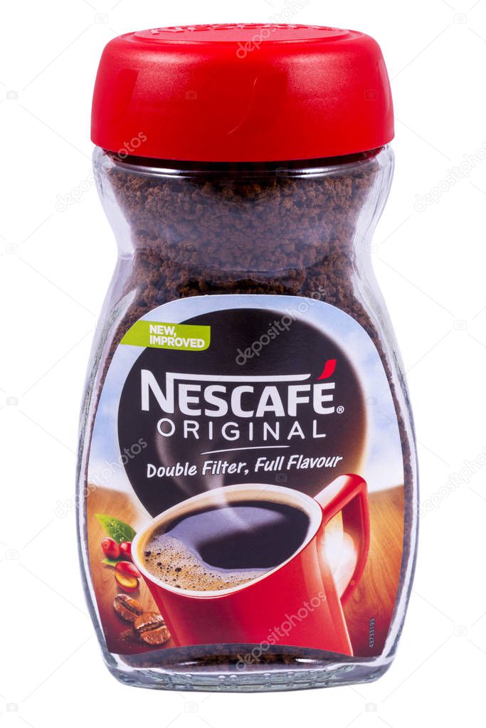 LONDON, UK - JANUARY 4TH 2017: A studio shot of a jar of Nescafe Original Coffee over a plain white background, on 4th January 2017.  The Nescafe brand is owned by the Nestle company.